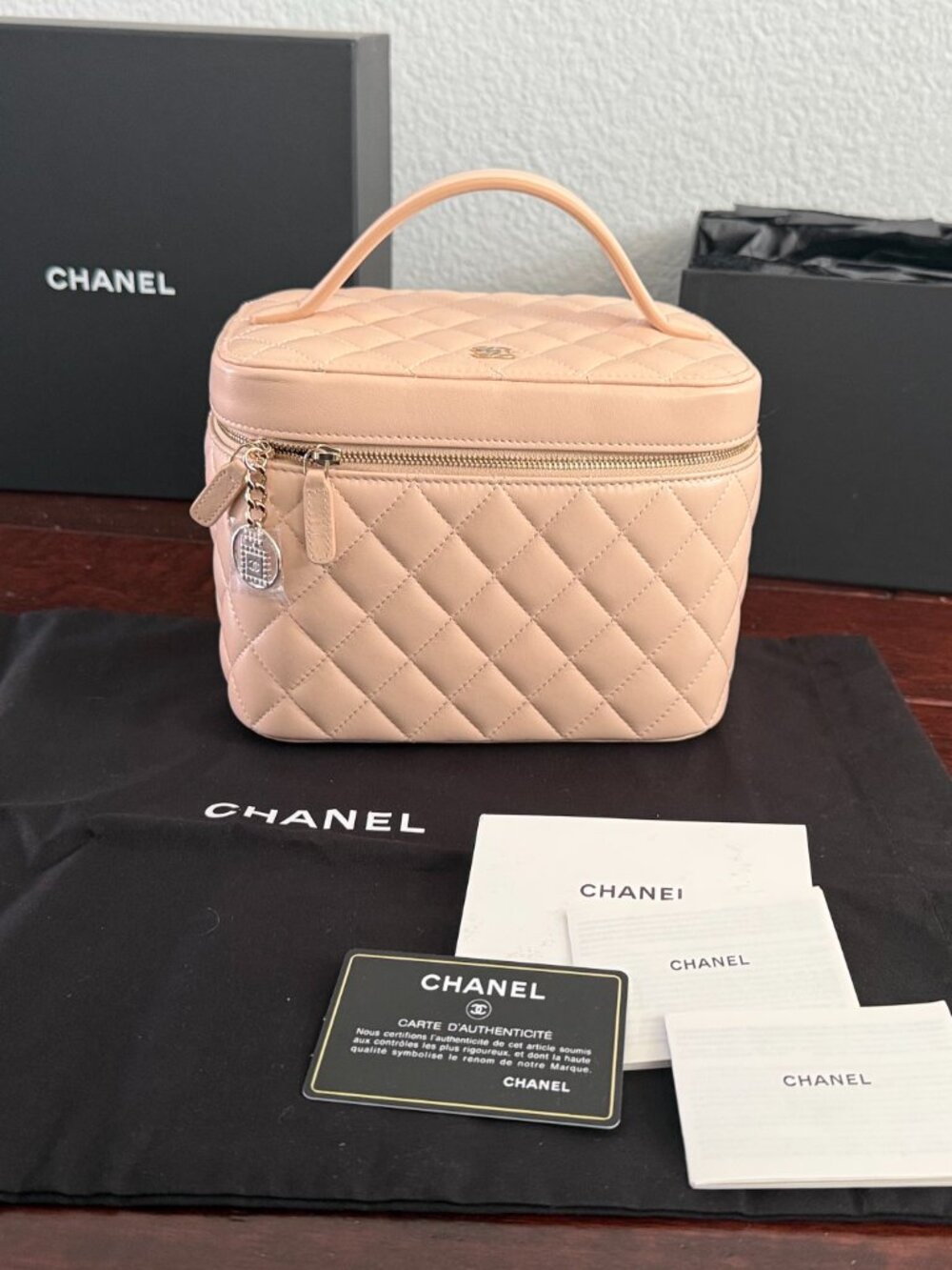Chanel AUTHENTIC Matelasse Vanity Pink Peach Bag Makeup NEW Italy Clutch Handbag